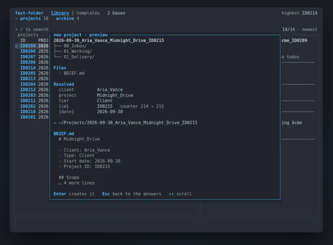A new project preview in fastf: the folder name 2026-09-30_Aria_Vance_Midnight_Drive_ID0215, its three subfolders, the resolved variables including the next ID, and the first lines of the filled in brief.